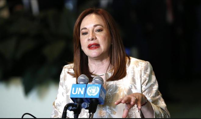 Image result for United Nations General Assembly President, MarÃ­a Fernanda Espinosa, arrives in Abuja.