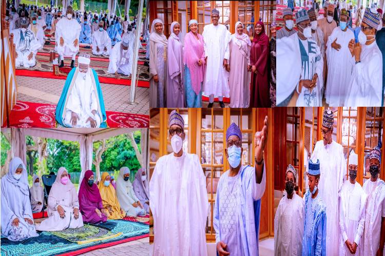 President Buhari observes Eid el-Fitr prayers at presidential villa