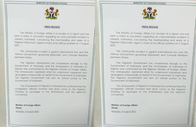 Indonesia apologises to Nigeria over manhandling of Nigerian Dilpomat in Jakarta