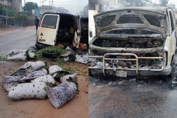 Vehicle conveying vegetables set ablaze in Enugu
