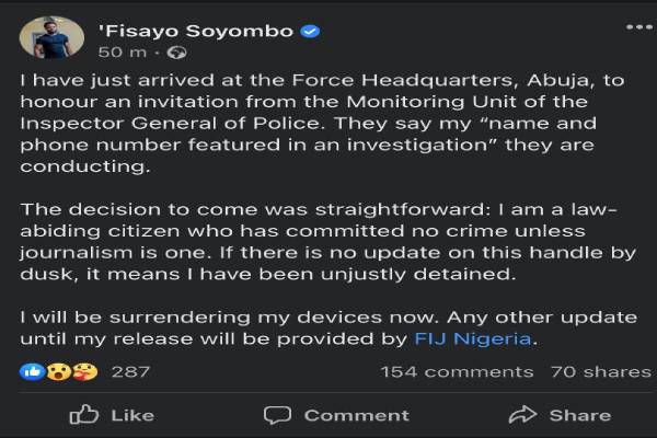 Police detain investigative Journalist, Fisayo Soyombo