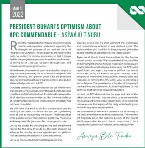 President Buhari’s optimism about APC commendable- Asíwájú Tinubu